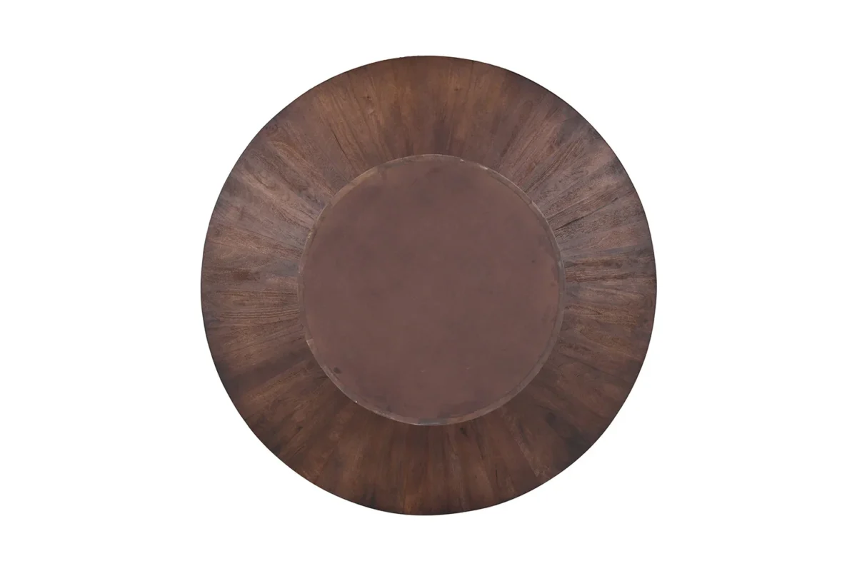 De Tafel 'Tommy' is een 130 cm ronde tafel gemaakt van bruin mangohout, met een donkerder, glad midden en een iets lichtere, gestructureerde buitenrand, van bovenaf gezien tegen een witte achtergrond.