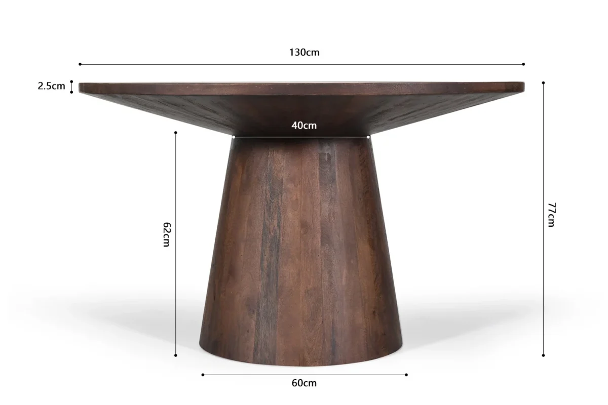 Tafel 'Tommy' 130 cm Rond Mango hout Bruin: ronde houten tafel met conische basis, tafelblad Ø130 cm, dikte 2,5 cm, basis Ø60 cm, hoogte 62 cm, bovenkant basis Ø40 cm, totale hoogte 77 cm.