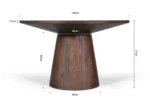 Tafel 'Tommy' 130 cm Rond Mango hout Bruin: ronde houten tafel met conische basis, tafelblad Ø130 cm, dikte 2,5 cm, basis Ø60 cm, hoogte 62 cm, bovenkant basis Ø40 cm, totale hoogte 77 cm.