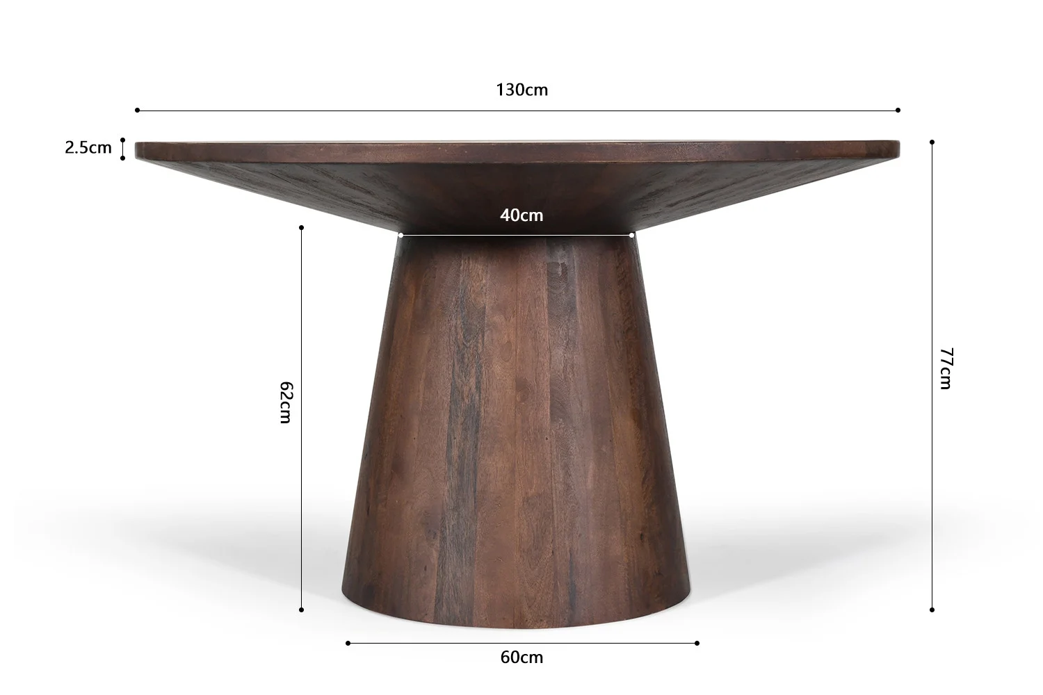 Tafel 'Tommy' 130 cm Rond Mango hout Bruin: ronde houten tafel met conische basis, tafelblad Ø130 cm, dikte 2,5 cm, basis Ø60 cm, hoogte 62 cm, bovenkant basis Ø40 cm, totale hoogte 77 cm.