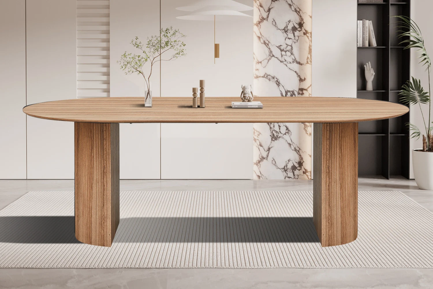 De UITVERKOOP - Tafel 'Lagos' 220 cm Ovaal Decor Oude eik, met zijn houten ovale blad en brede poten, is gestyled met een minimalistische inrichting en geplaatst op een licht vloerkleed in een moderne kamer met marmeren en witte muuraccenten.