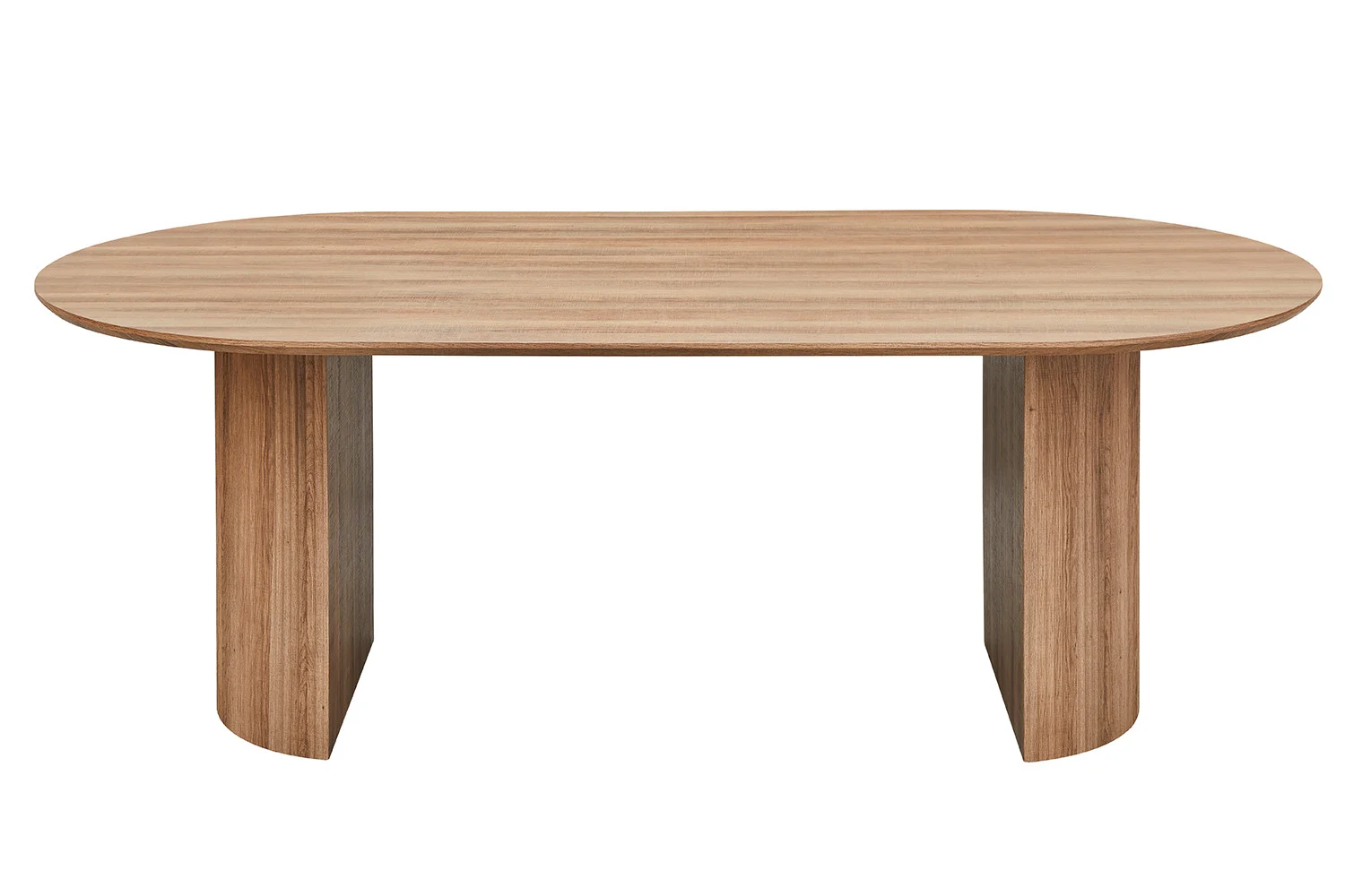 UITVERKOOP - Tafel 'Lagos' 220 cm Ovaal Decor Oude eik: een moderne ovale houten eettafel met twee brede, gebogen poten, tegen een witte achtergrond.