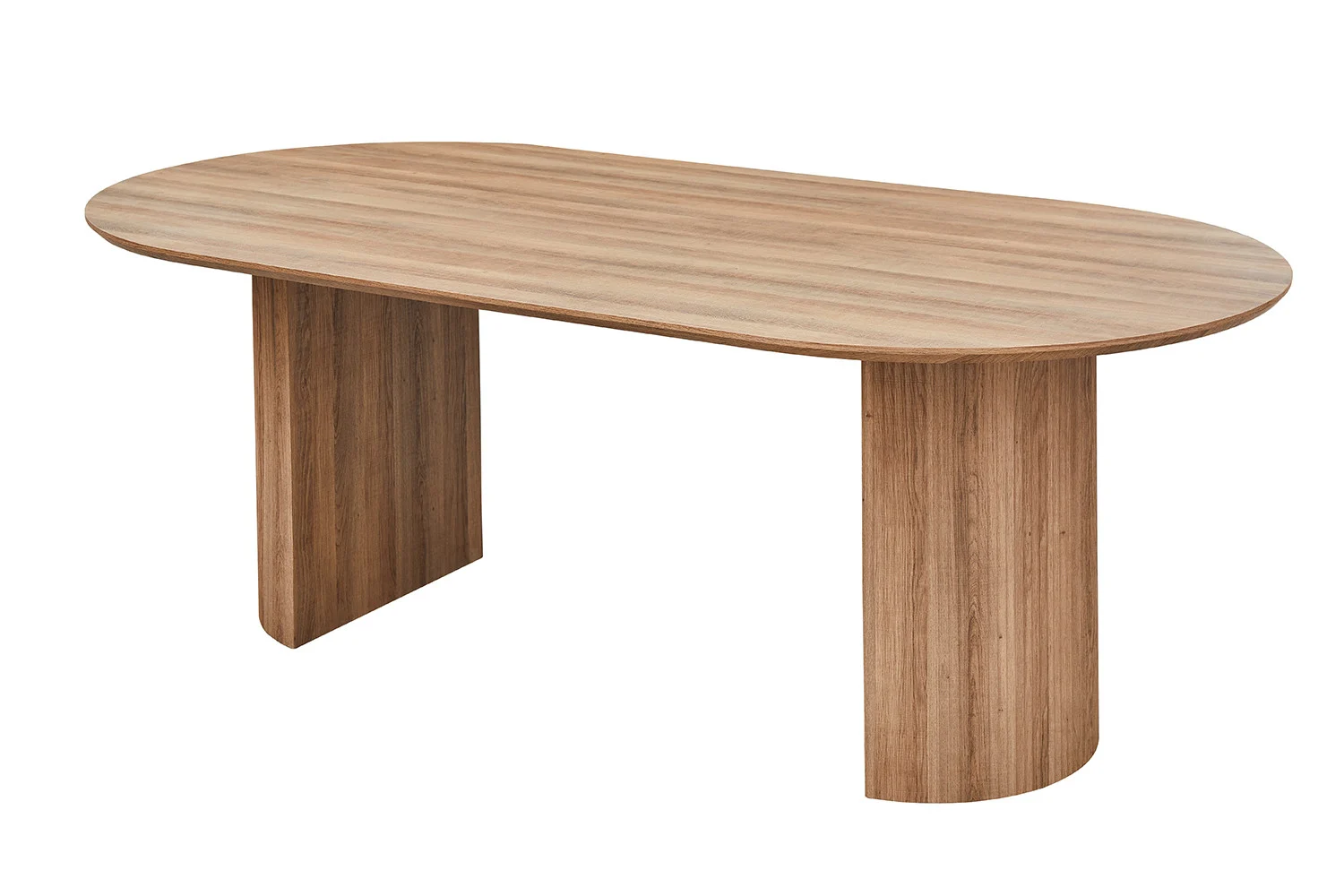 De UITVERKOOP - Tafel 'Lagos' 220 cm Ovaal Decor Oude eik heeft een ovaal blad en twee brede poten, met een lichtbruine oud eiken afwerking en minimalistisch modern design, afgebeeld tegen een witte achtergrond.