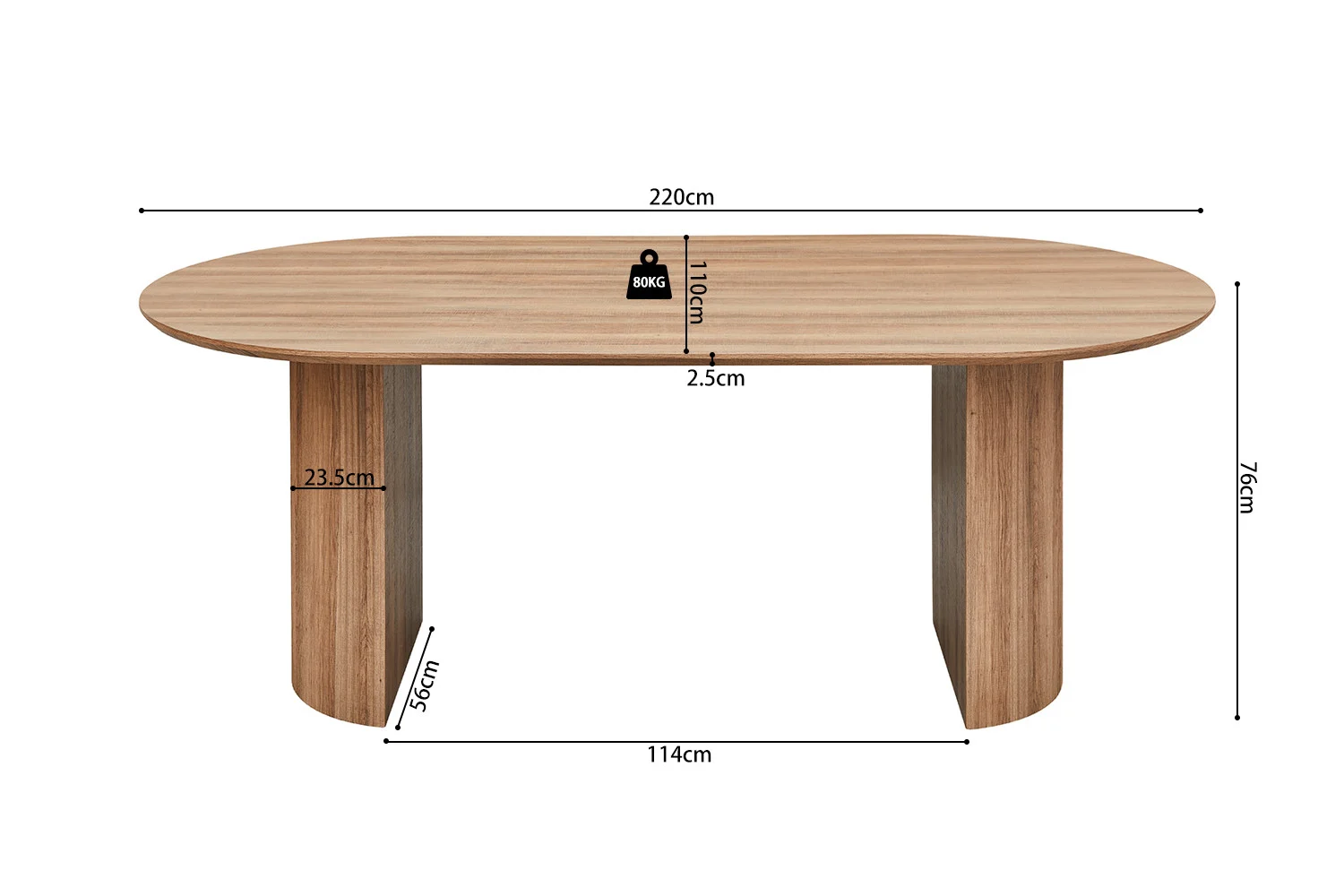 UITVERKOOP - Tafel 'Lagos' 220 cm ovaal decor oude eik: houten tafel met gebogen poten, 220x110x76 cm, poten 2,5 cm dik en 23,5 cm hoog, afstand tussen poten 114 cm. Afmetingen staan op de tafel aangegeven.