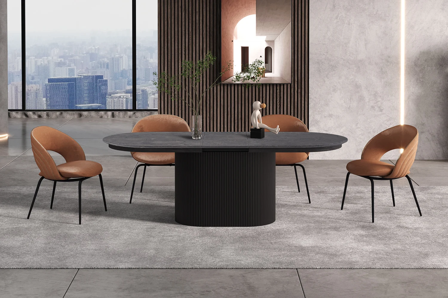 In een moderne eetkamer staat de Uitschuifbare tafel 'Lagos' 180-220 cm Ovaal Decor Donkerbruin centraal, omringd door vier bruine leren stoelen op een grijs vloerkleed, met grote ramen die uitzicht bieden op de stad en minimalistische decoraccenten.