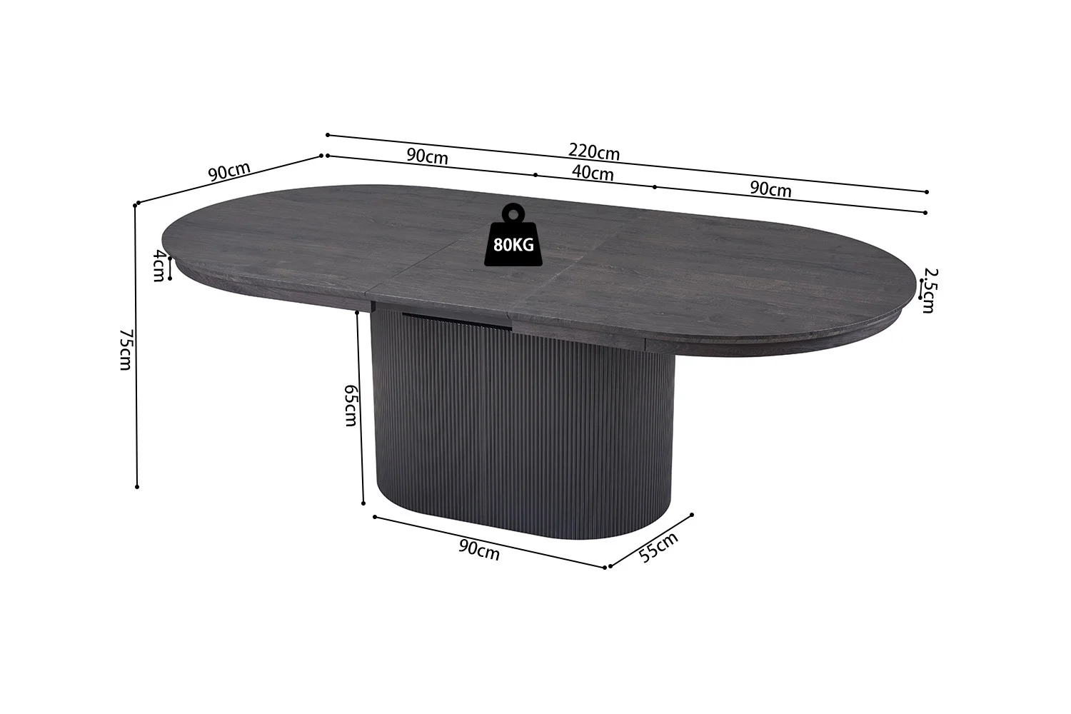 De Uitschuifbare tafel 'Lagos' 180-220 cm Ovaal Decor Donkerbruin heeft een donker ovaal blad, geribbelde basis, verstelbare lengte (180-220 cm), afmetingen 90x75x2,5 cm, ondersteunt tot 80 kg; basis is 90x55x65 cm. Afmetingen zijn gelabeld.