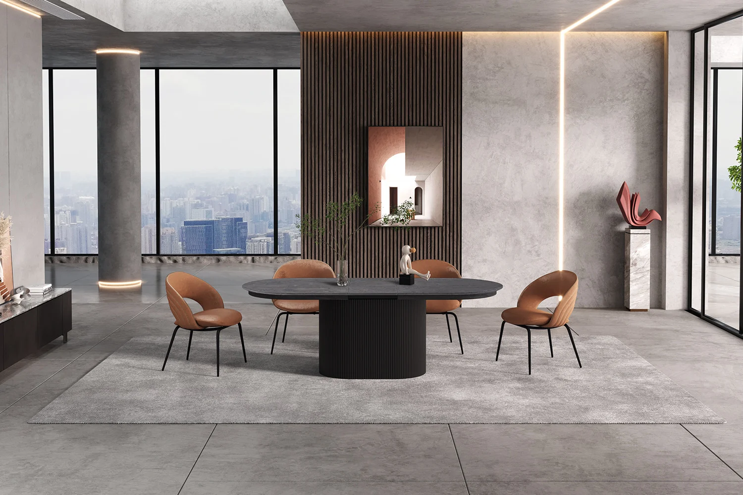 Een moderne eetkamer met de Uitschuifbare tafel 'Lagos' 180-220 cm Ovaal Decor Donkerbruin, vier bruine stoelen, een grijs vloerkleed en betonnen muren. Grote ramen laten een uitzicht over de stad zien, terwijl kunst en planten minimalistische elegantie toevoegen.