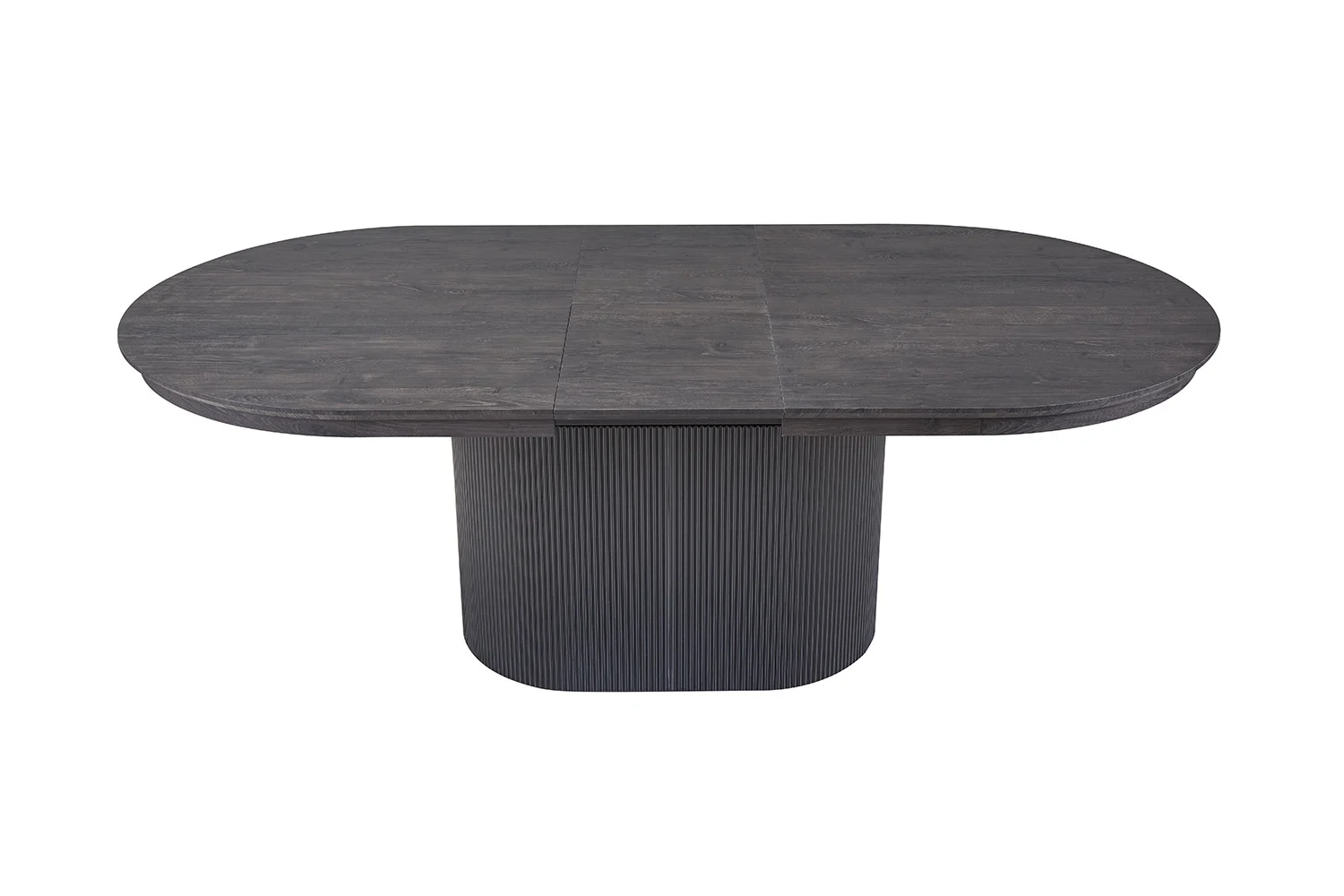 De Uitschuifbare tafel 'Lagos' 180-220 cm is een ovale, donkerbruine uitschuifbare eettafel met een brede, gegroefde centrale sokkel, afgebeeld tegen een witte achtergrond.