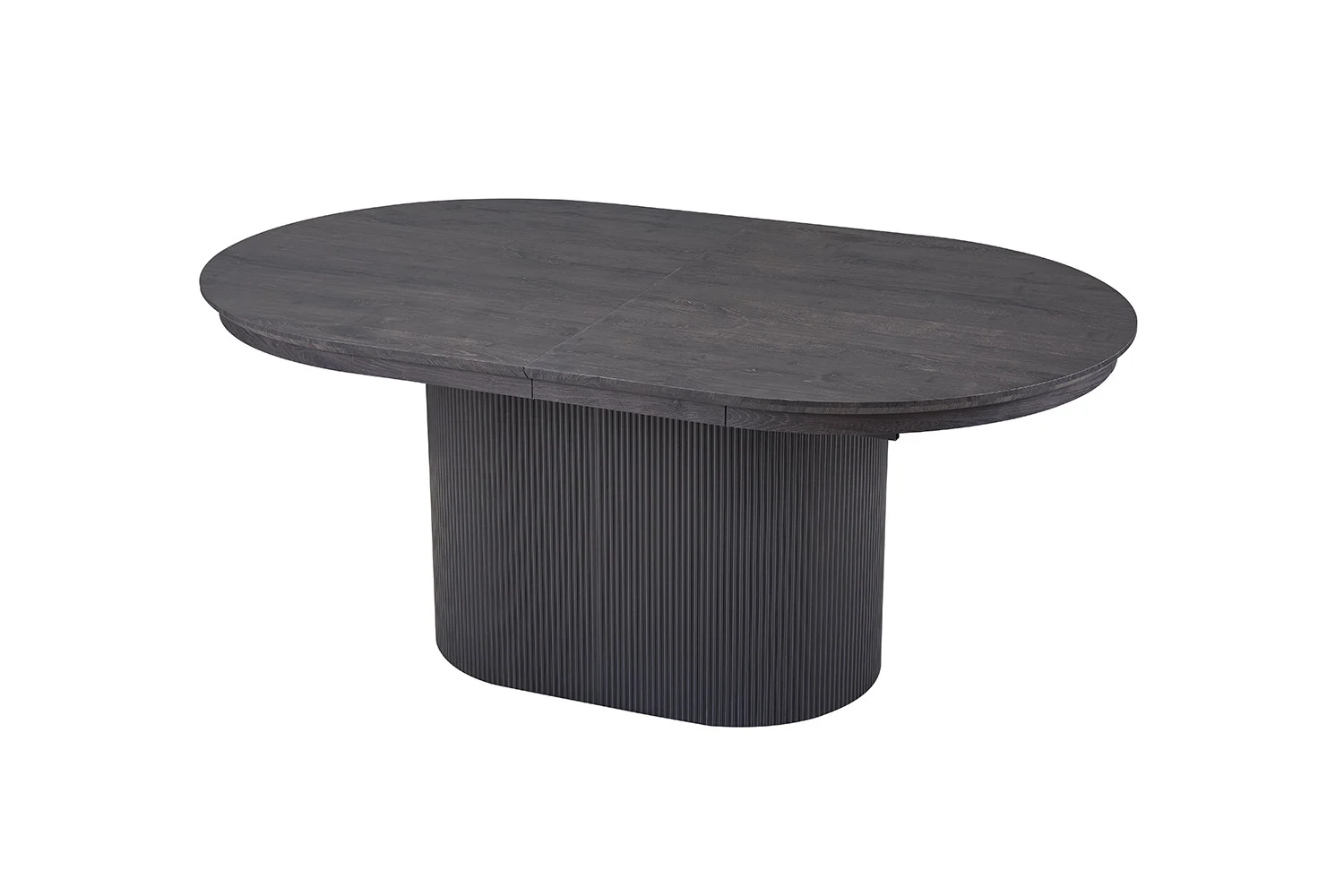 De Uitschuifbare tafel 'Lagos' 180-220 cm Ovaal Decor Donkerbruin heeft een donkerhouten ovaal blad dat uitklapt, plus een dikke geribbelde voet voor stijl en stabiliteit.