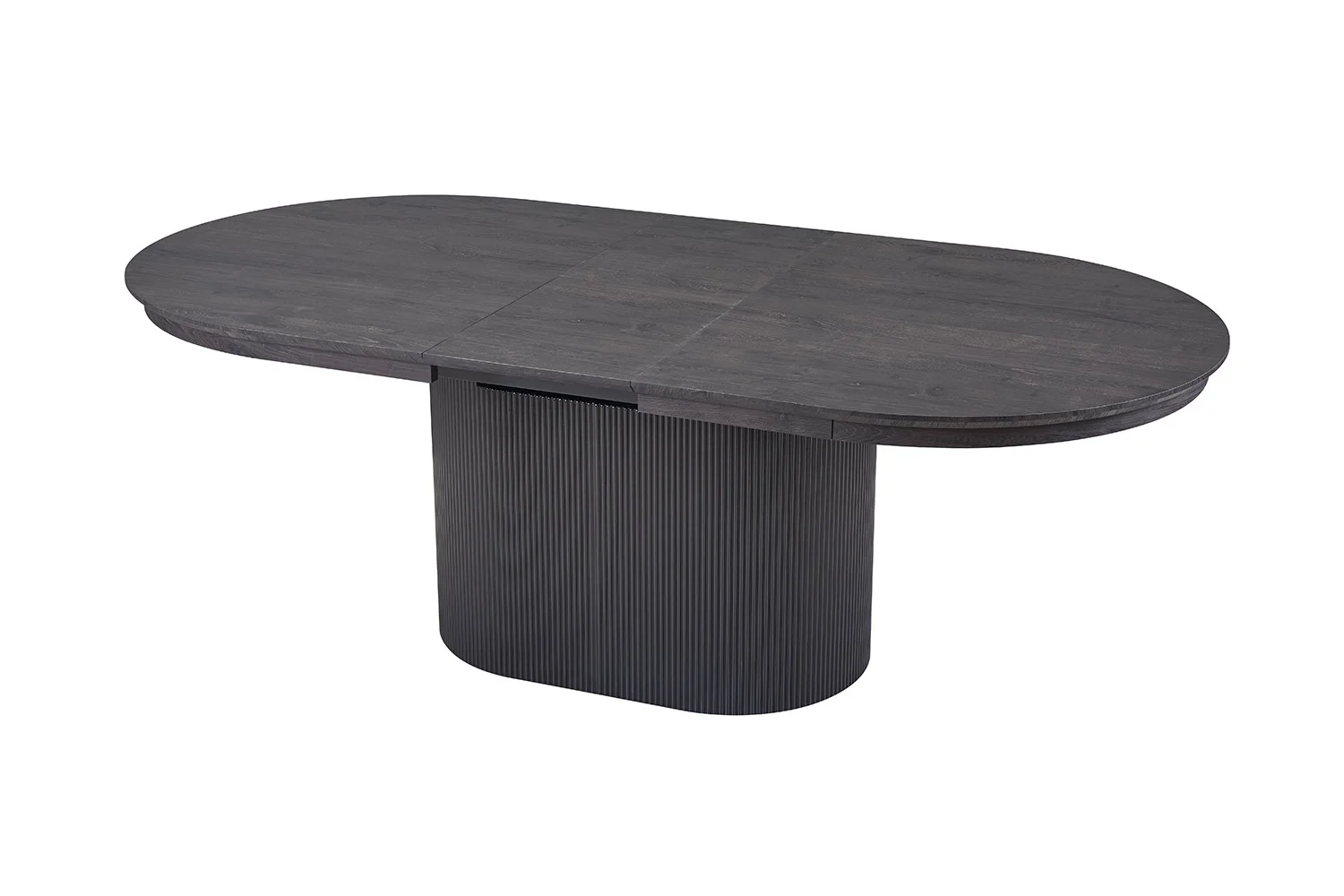 De 'Lagos' uitschuifbare tafel is een ovale eettafel in donkerbruin decor, met een moderne centrale geribbelde sokkel en een zichtbare naad om het tafelblad te verlengen van 180 naar 220 cm.