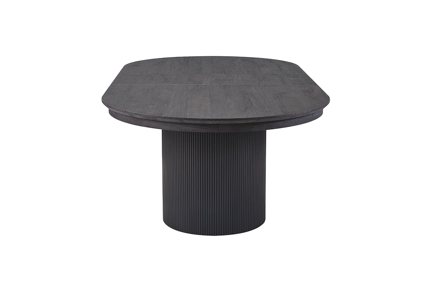 De uitschuifbare tafel 'Lagos' (180-220 cm) heeft een ovalen blad in donkerbruin decor en een enkele geribbelde cilindrische voet, tegen een effen witte achtergrond.