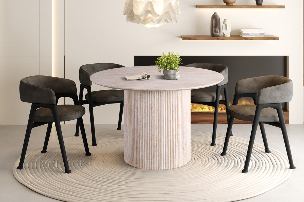 Eettafel Mykonos Rond 120 cm travertinlook beige Japandi