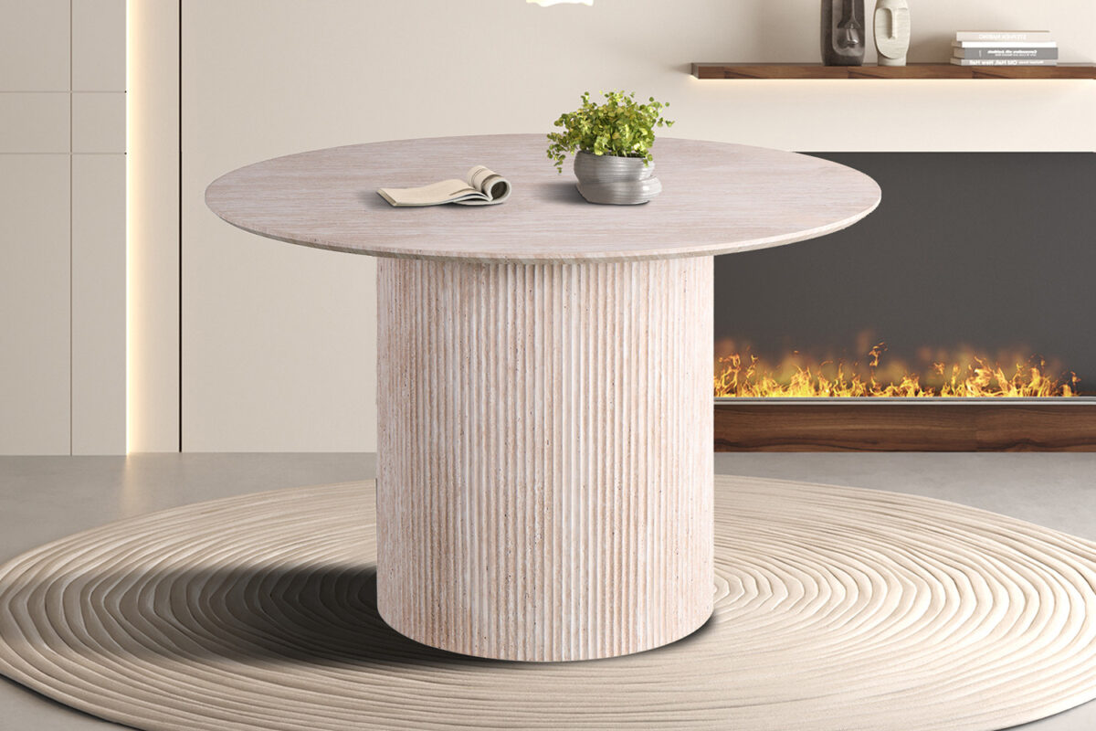 Eettafel Mykonos Rond 120 cm travertinlook beige Japandi – foto 2