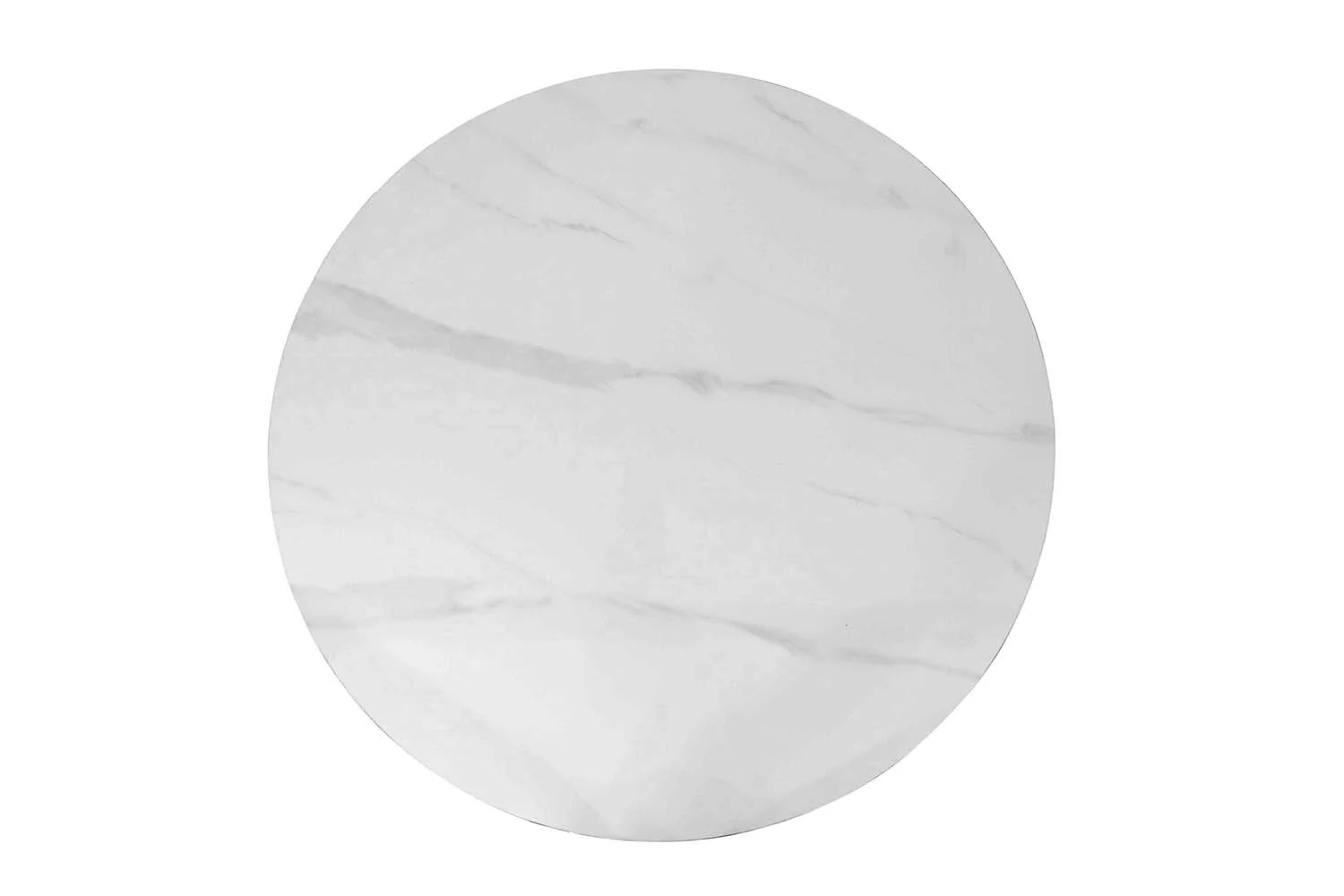 De Tafel 'Apollo' 110 cm Rond Glanzend Steen Sneeuwwit heeft een rond, glanzend wit stenen oppervlak met subtiele grijze adering, van bovenaf gezien op een effen witte achtergrond.