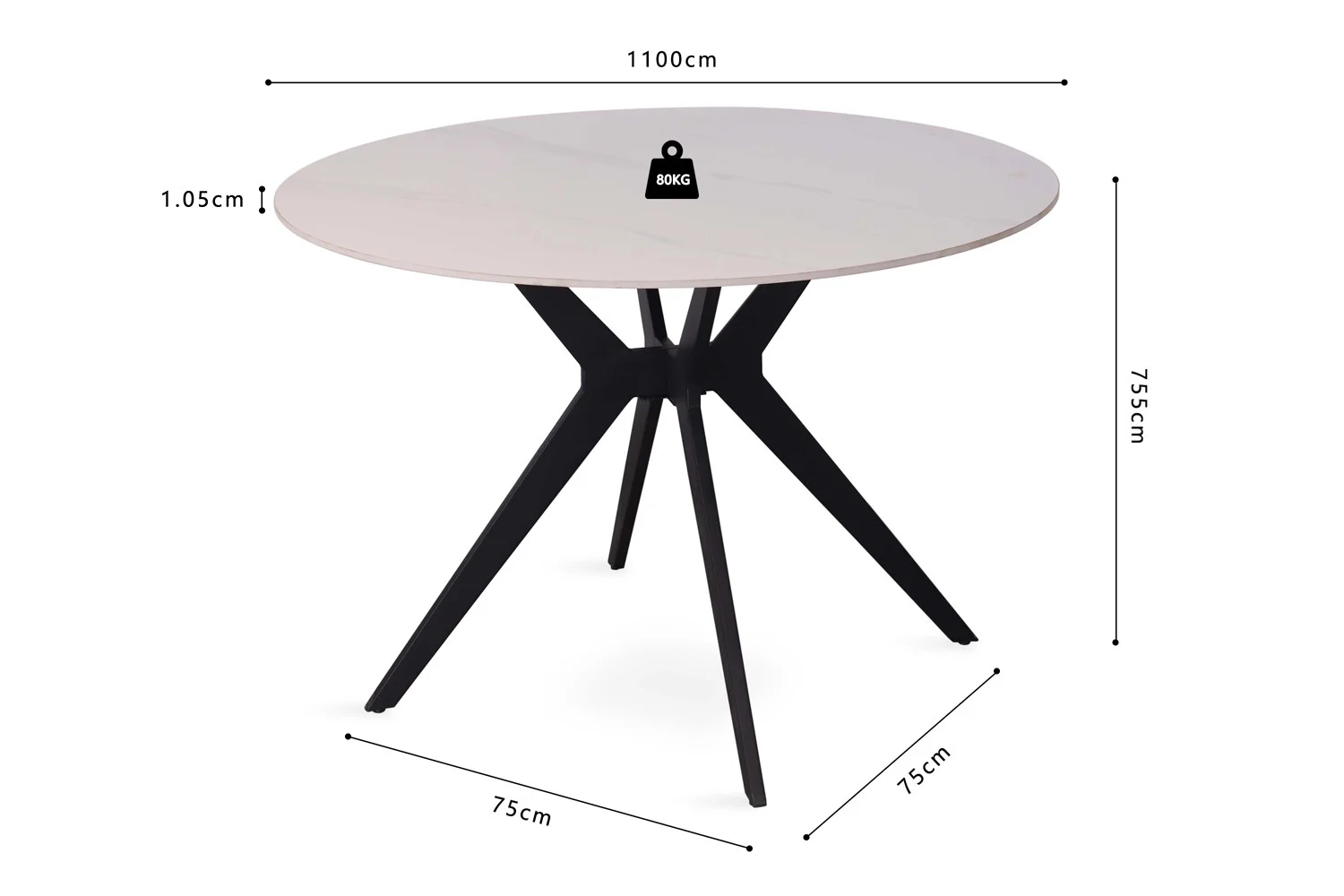 De Tafel 'Apollo' 110 cm Rond Glanzend Steen Sneeuwwit heeft een rond, sneeuwwit glanzend stenen blad, zwarte gehoekte poten, meet 110 cm in diameter, is 75 cm hoog met een 1,05 cm dik tafelblad en kan tot 80 kg dragen.
