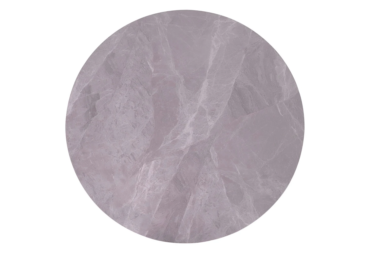 De Tafel 'Apollo' 110 cm Rond Glanzend Steen Italiaans Grijs heeft een rond, plat oppervlak met een glanzende Italiaanse marmeren look, met wolkachtige patronen en subtiele adering op een effen witte achtergrond.