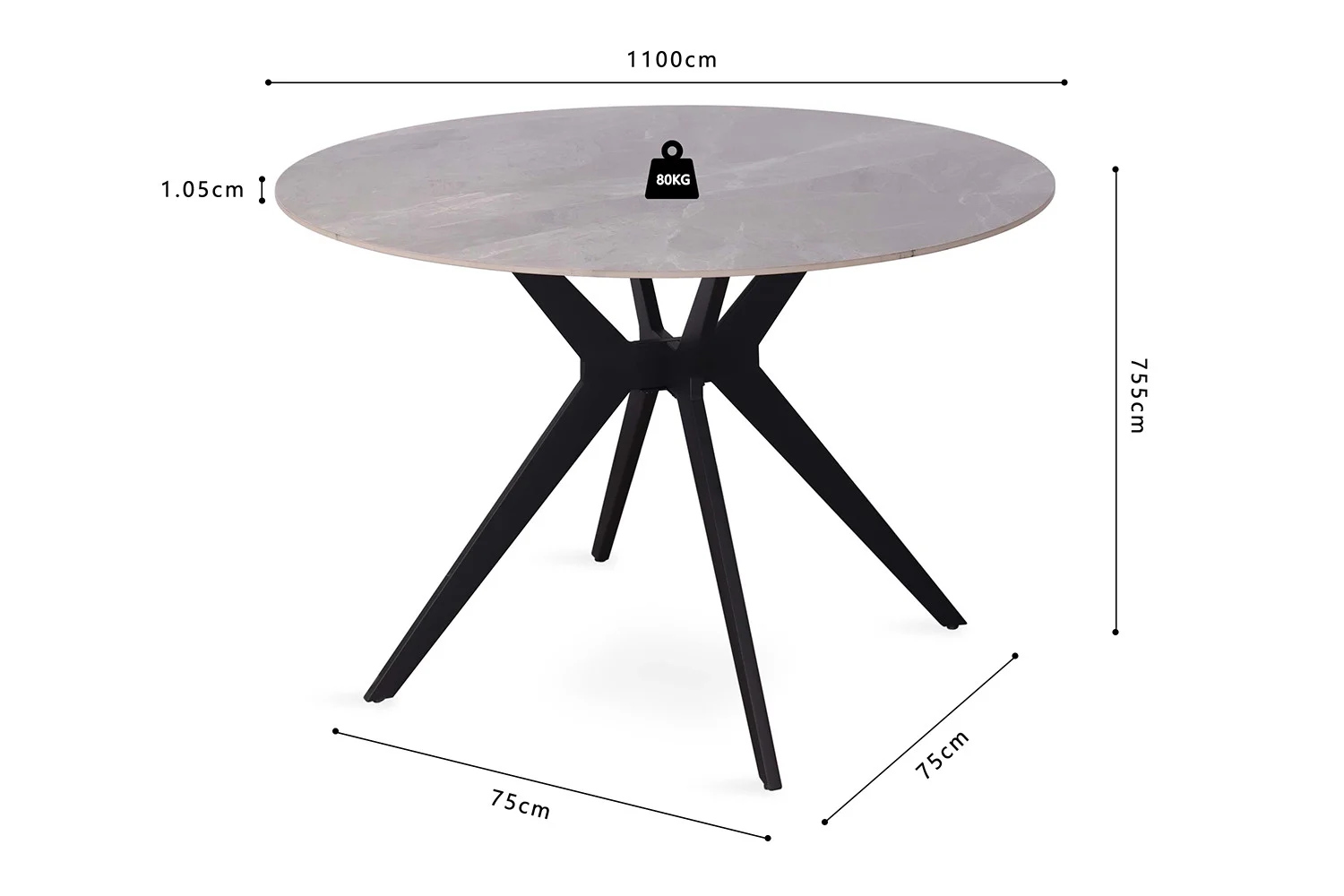 Tafel 'Apollo' 110 cm rond met glanzend Italiaans grijze steen top en zwarte poten. Afmetingen: Ø110 cm, hoogte 75 cm, blad 1,05 cm dik. Draagvermogen tot 80 kg.