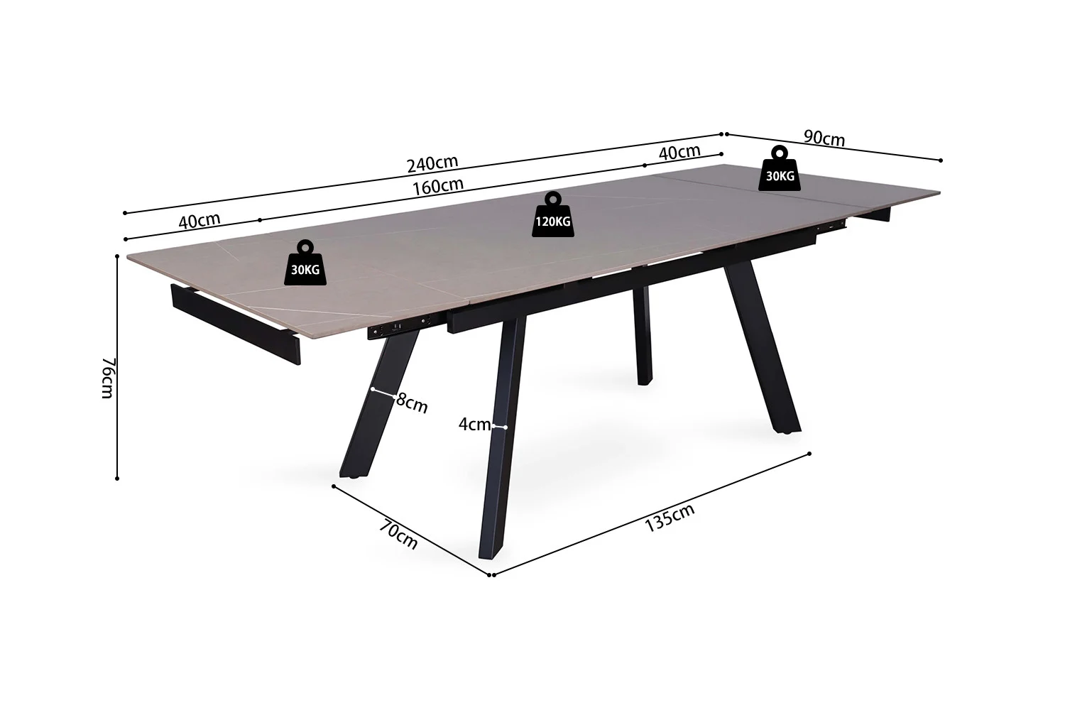 UITVERKOOP - Uitschuifbare tafel 'Hera' 160-240 cm, rechthoekig stenen grijs met zwarte poten. Afmetingen: 240x90x76 cm (uitgeschoven), draagvermogen: 120 kg midden, 30 kg per kant. Uitbreiding met twee bladen van 40 cm elk.