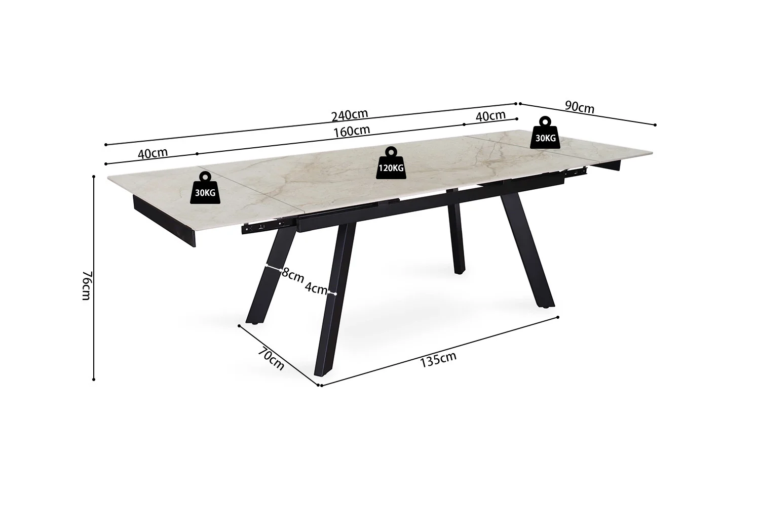 De Uitschuifbare tafel 'Hera' 160-240 cm, rechthoekig in glanzend Shakespear Beige, heeft een marmeren blad, zwarte schuine poten en uitschuifbladen. Afmetingen: 240×90×76 cm. Maximaal gewicht: 120 kg in het midden, 30 kg per blad.