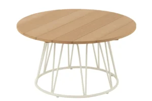 De Salontafel Wit 80 x 80 CM Vierkant Staal heeft een vierkant wit stalen onderstel en een lichtbruin houten blad met latten.