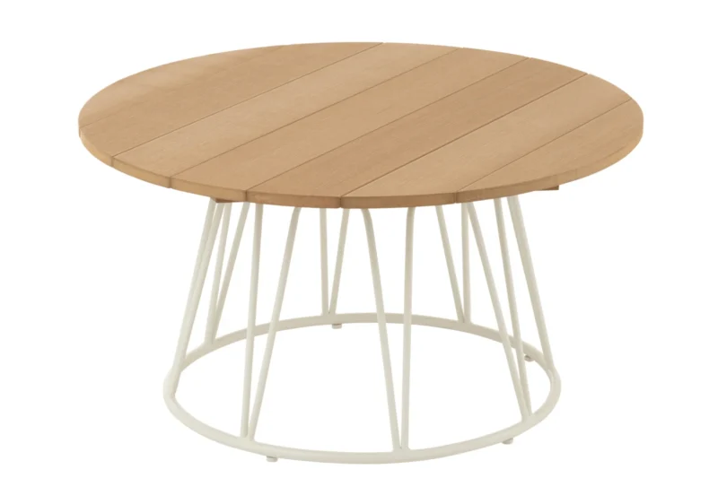 De Salontafel Wit 80 x 80 CM Vierkant Staal heeft een vierkant wit stalen onderstel en een lichtbruin houten blad met latten.