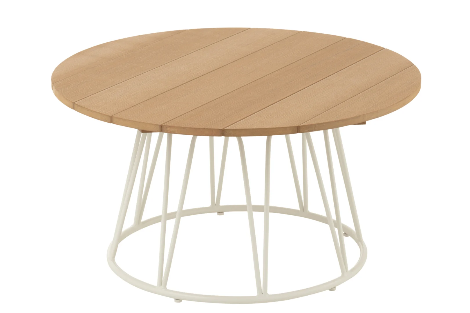 De Salontafel Wit 80 x 80 CM Vierkant Staal heeft een vierkant wit stalen onderstel en een lichtbruin houten blad met latten.
