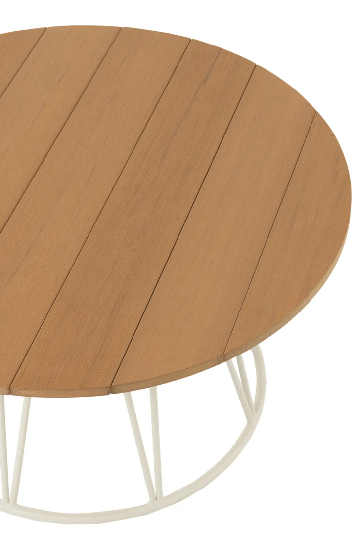 De Salontafel Wit 80 x 80 CM Vierkant Staal is een vierkante salontafel met een houten lattenblad en een wit stalen onderstel, van boven afgebeeld met een deel van de tafel uit de afbeelding geknipt.