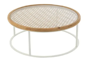 De Salontafel Roest, Wit is een ronde salontafel van 90 x 90 cm met een licht metalen frame, glazen blad, wit rasterpatroon aan de onderkant en dunne wit metalen poten die een ronde basis vormen.