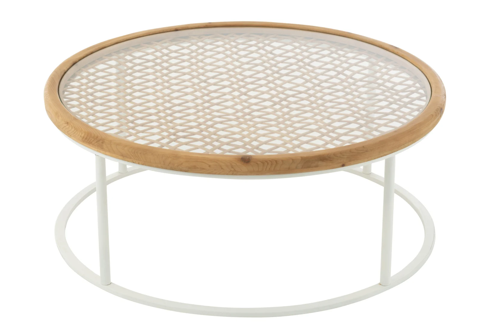 Salontafel Roest, Wit 90x90 CM rond met licht houten rand, wit bovenblad met ruitpatroon, en wit metalen, minimalistisch open frame.