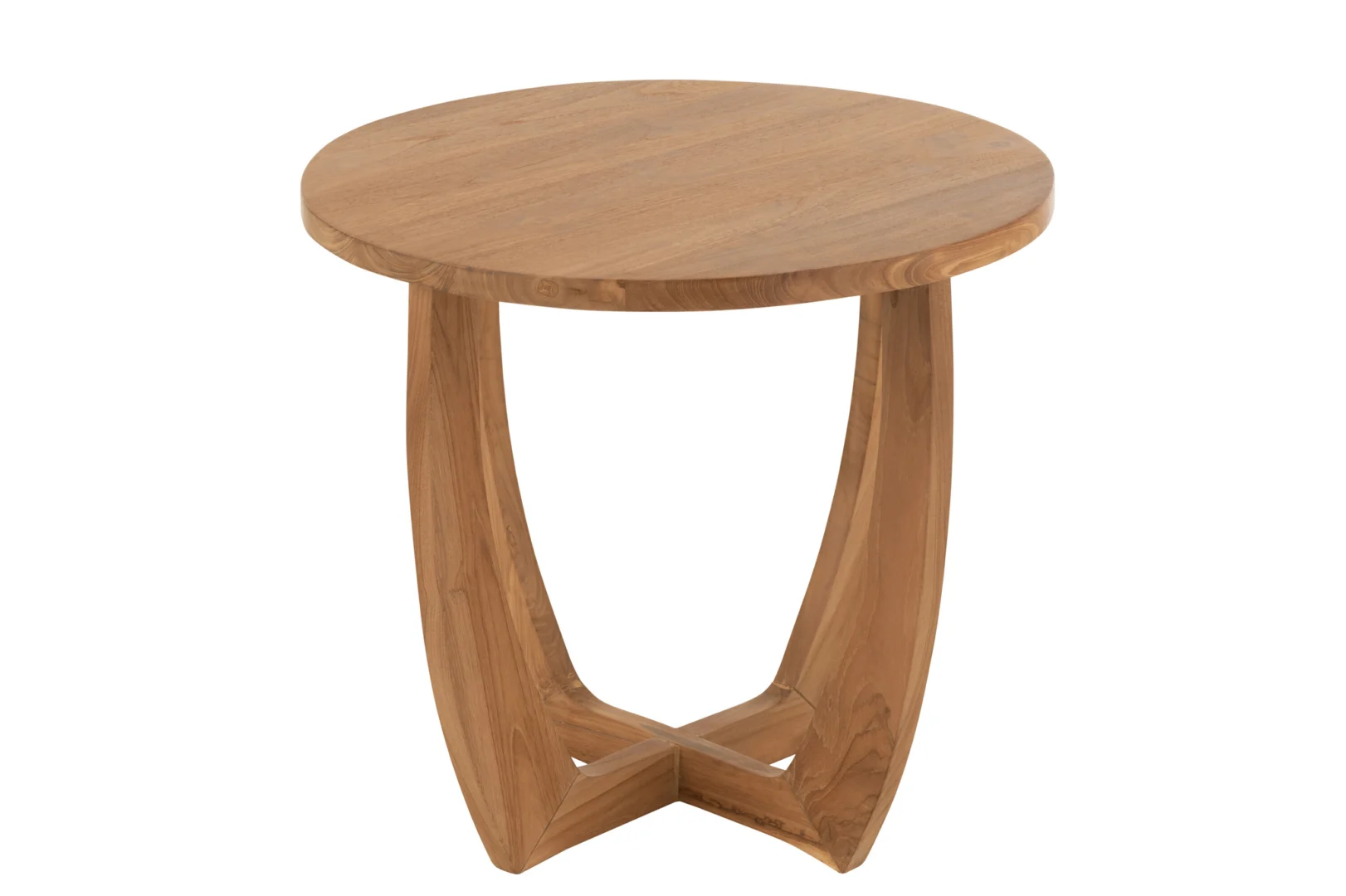 De Bijzettafel Teak 60 x 60 CM Vierkant heeft een teakhout ontwerp met een glad, vierkant blad en uniek bewerkte poten voor een stevige ondersteuning.