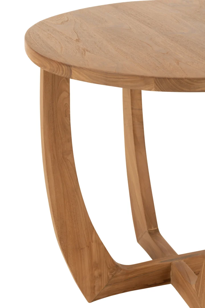 Close-up van de Bijzettafel Teak 60 x 60 CM Vierkant, met de nadruk op het teakhout ontwerp met een afgeronde rand, uniek gebogen poten en gladde lichte houtnerf vakmanschap.