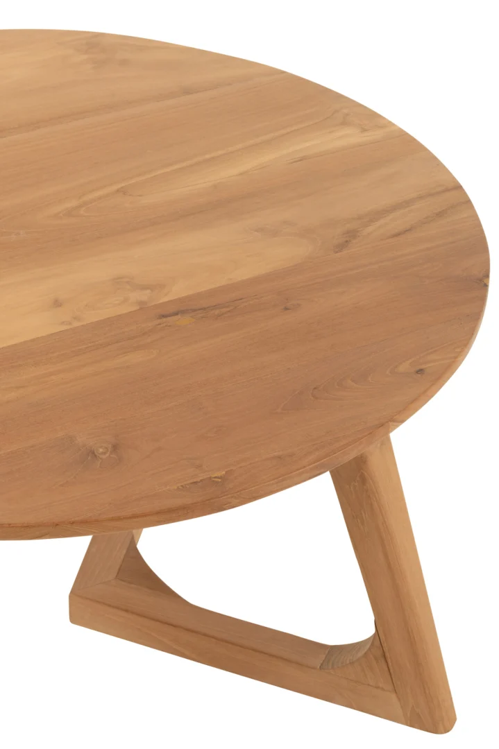 Een close-up van de Salontafel Teak 80 x 45 CM Vierkant, een vierkante salontafel van teakhout met zichtbare houtnerf en schuine houten poten.