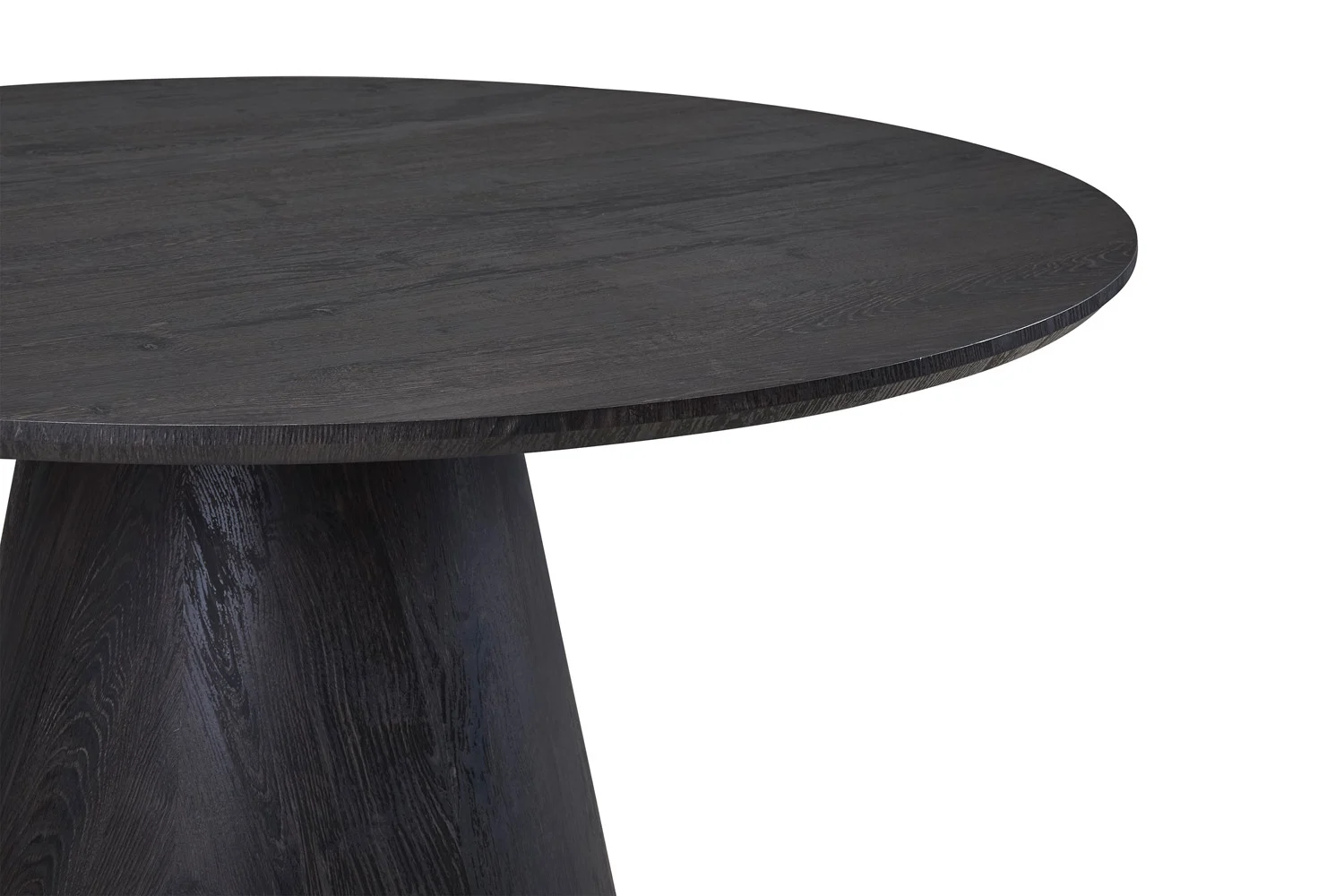 Een close-up van Tafel 'Miklos' 120 cm Rond Decor Donkerbruin, met een glad, donkerbruin rond tafelblad en een enkele taps toelopende voet tegen een witte achtergrond.
