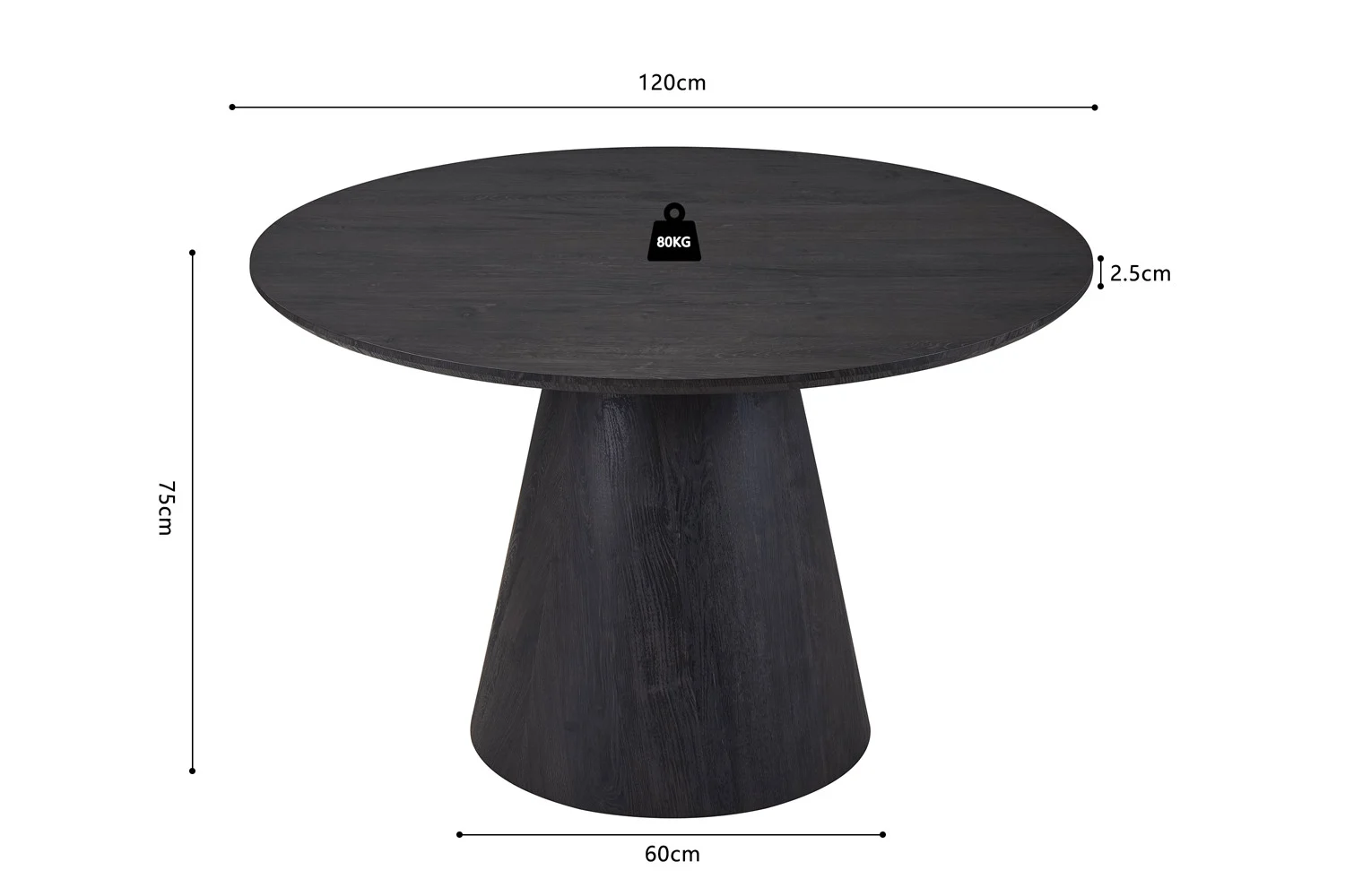 Tafel 'Miklos' 120 cm rond in decor donkerbruin met conische basis. Afmetingen: 120 cm breed, 75 cm hoog, basis Ø60 cm, blad 2,5 cm dik. Gewichtscapaciteit 80 kg, aangegeven op het midden van het tafelblad.
