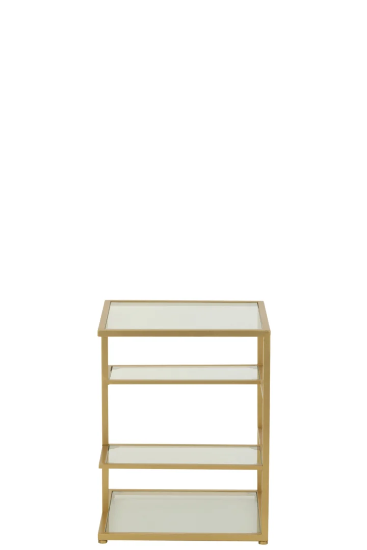 De Bijzettafel ijzer/glas goudkleurig is een moderne bijzettafel van goudkleurig metaal en glas met vier niveaus, met een geometrisch open frame en strakke lijnen, tegen een effen witte achtergrond.