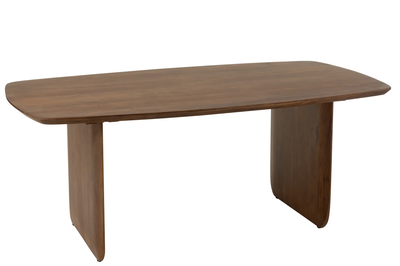 De Eettafel Acaciahout Bruin is een rechthoekige houten eettafel met afgeronde hoeken en twee brede, platte poten aan elk uiteinde. De tafel heeft een middenbruine afwerking en is afgebeeld tegen een witte achtergrond.