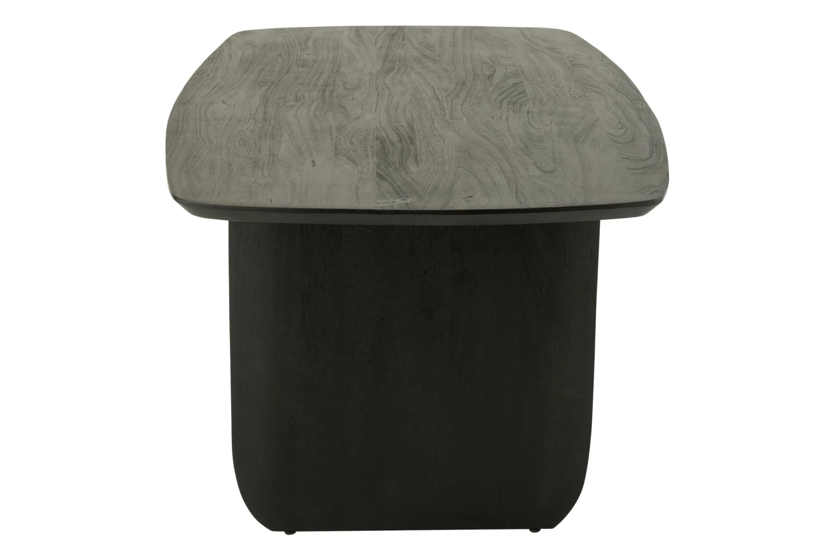 De Eettafel Acaciahout Zwart is een moderne rechthoekige houten tafel met afgeronde hoeken, een brede massieve voet en een gladde grijsgetinte houtnerfstructuur.