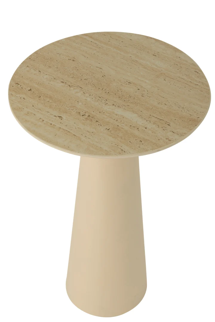 De Bijzettafel Beige, Roest 40 x 63 CM is een ronde tafel van beige keramiek met een glad, licht gestructureerd blad en een eenvoudige, taps toelopende cilindrische voet, tegen een witte achtergrond.
