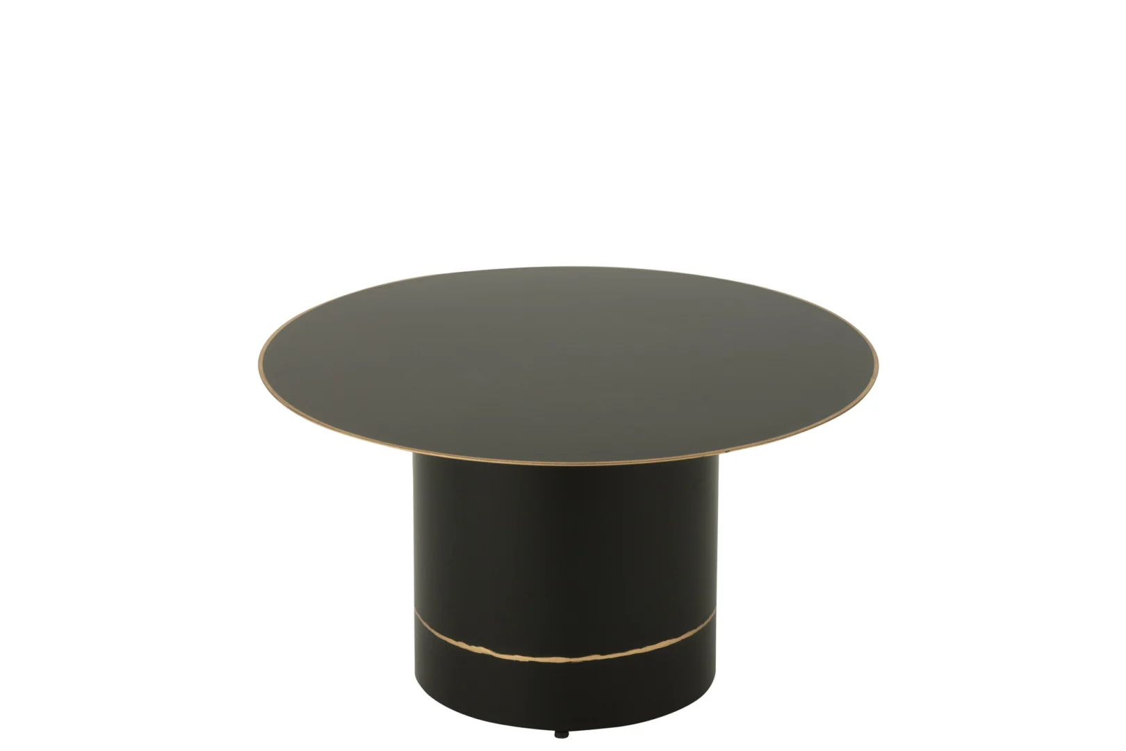 De Salontafel Zwart is een ronde zwarte ijzeren tafel (60 x 60 cm) met een breed, plat blad en een cilindervormig onderstel, beide met dunne gouden accenten langs de randen. Tegen een effen witte achtergrond.