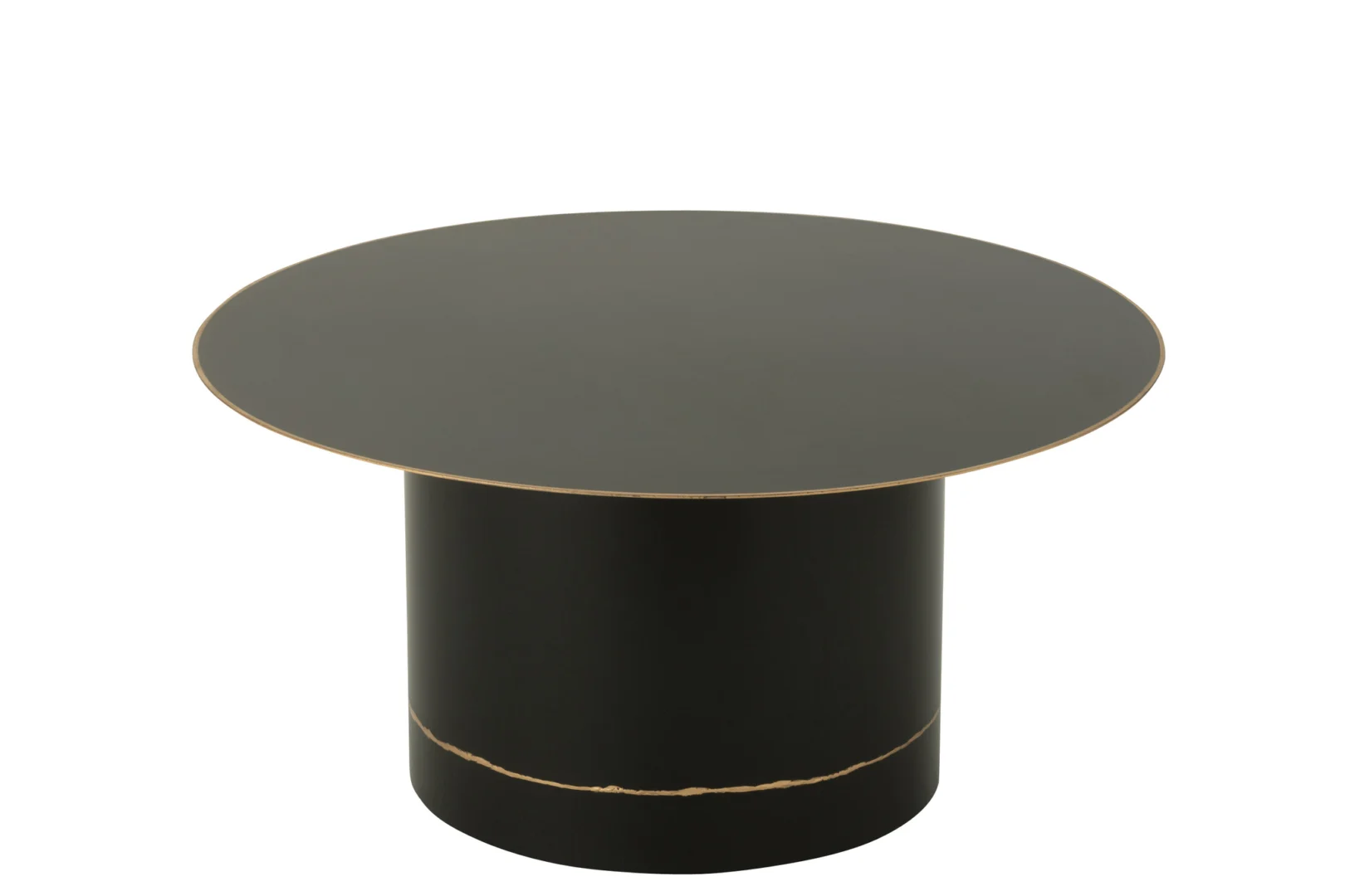De Salontafel Zwart 80 x 80 CM Rond Ijzer is een moderne ronde zwarte tafel met een plat blad, cilindrisch onderstel en een dun gouden accent aan de onderkant, afgebeeld tegen een effen witte achtergrond.