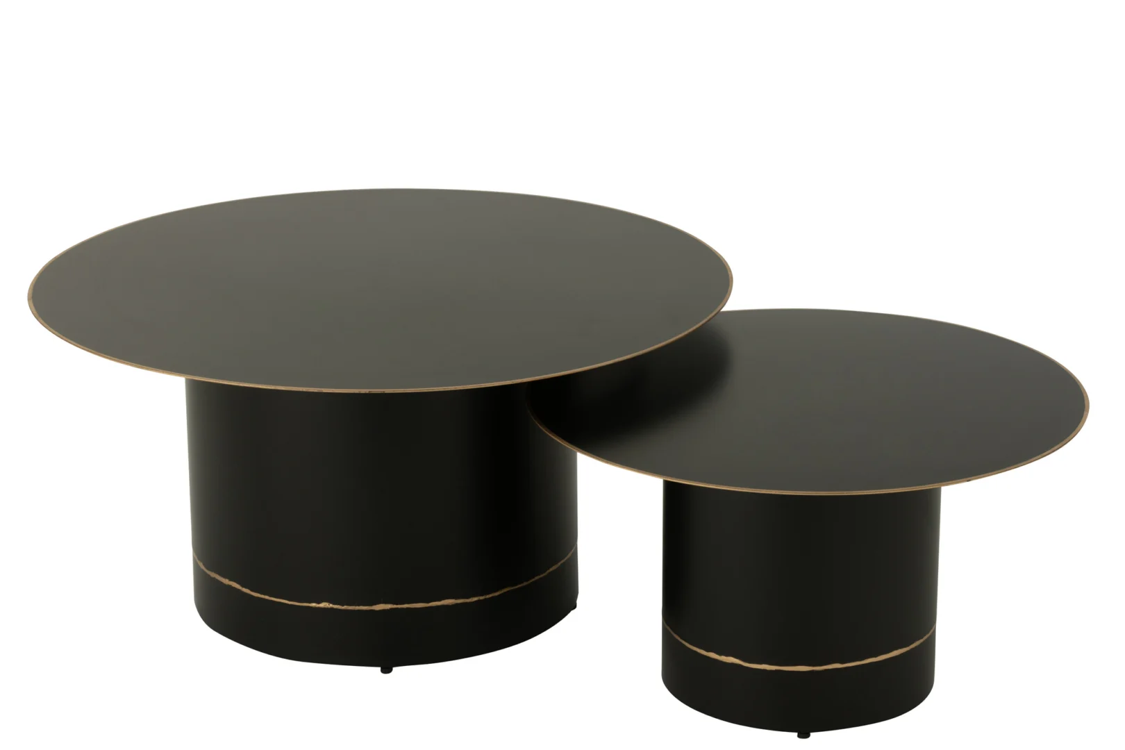 De Salontafel Zwart 80 x 80 CM Rond Ijzer heeft twee moderne, ronde zwarte salontafels met cilindrische onderstellen en slanke gouden randen en onderstellen, tegen een witte achtergrond.