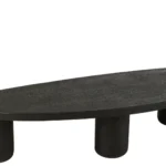 De Salontafel Zwart 61 x 34 CM Ovaal MDF is een moderne, zwart ovalen salontafel met drie dikke cilindrische poten in een bijpassende donkere afwerking, met een minimalistisch en sculpturaal ontwerp.