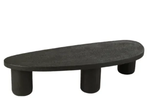 De Salontafel Zwart 61 x 34 CM Ovaal MDF is een moderne, zwart ovalen salontafel met drie dikke cilindrische poten in een bijpassende donkere afwerking, met een minimalistisch en sculpturaal ontwerp.
