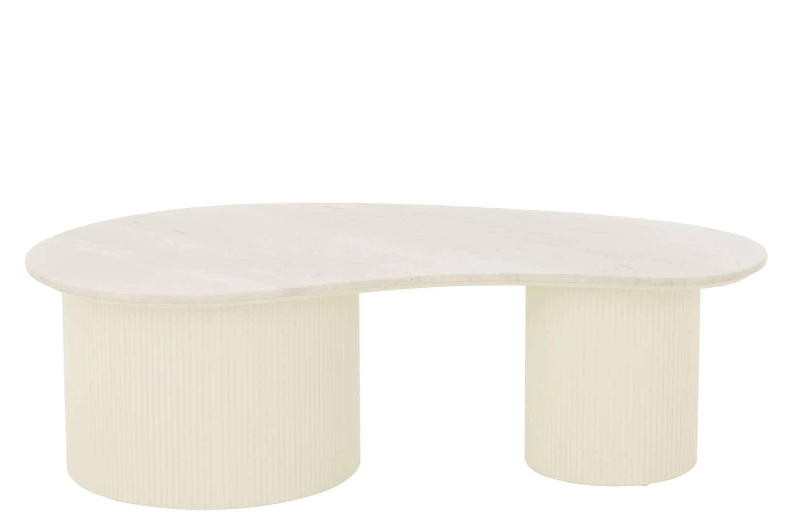 De Salontafel Roest, Wit Marmer is een moderne niervormige salontafel met een glad, lichtgekleurd marmeren blad en twee cilindrische geribbelde crèmekleurige onderstellen.