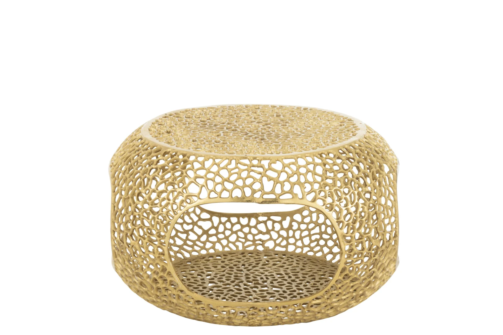 De Salontafel Goud 64 CM Aluminium is een ronde gouden metalen tafel met een open ontwerp in honingraatstijl en een hol midden, afgebeeld tegen een witte achtergrond.