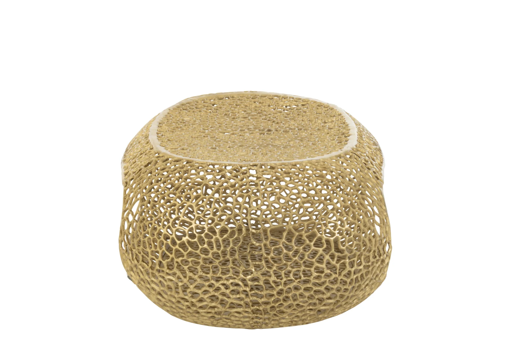 De Salontafel Goud is een ovale aluminium salontafel van 70 x 41 cm, met een strakke gouden afwerking en een modern ontwerp, tegen een witte achtergrond.