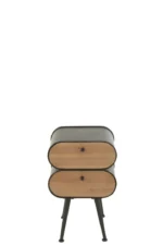 De Bijzettafel Beige, Zwart 35 x 61 CM is een modern nachtkastje met een fijnere afwerking, twee houten laden, afgeronde zwarte randen en staat op vier schuine zwarte poten tegen een witte achtergrond.