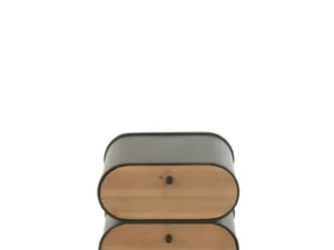 De Bijzettafel Beige, Zwart 35 x 61 CM is een modern nachtkastje met een fijnere afwerking, twee houten laden, afgeronde zwarte randen en staat op vier schuine zwarte poten tegen een witte achtergrond.