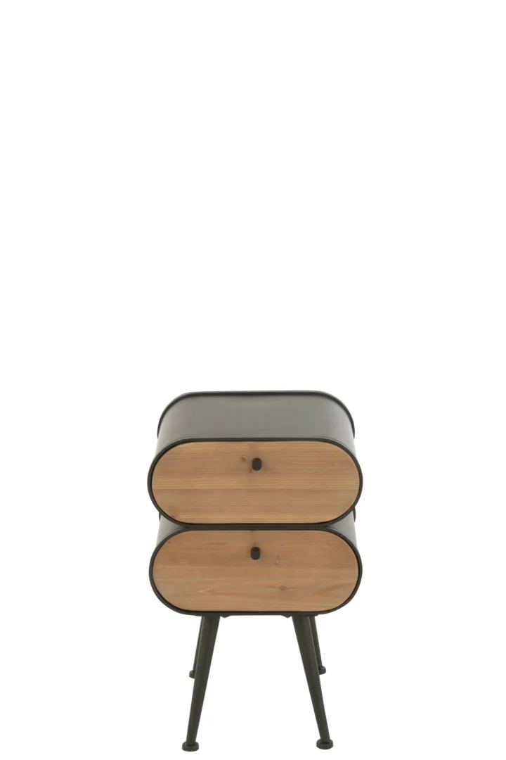 De Bijzettafel Beige, Zwart 35 x 61 CM is een modern nachtkastje met een fijnere afwerking, twee houten laden, afgeronde zwarte randen en staat op vier schuine zwarte poten tegen een witte achtergrond.