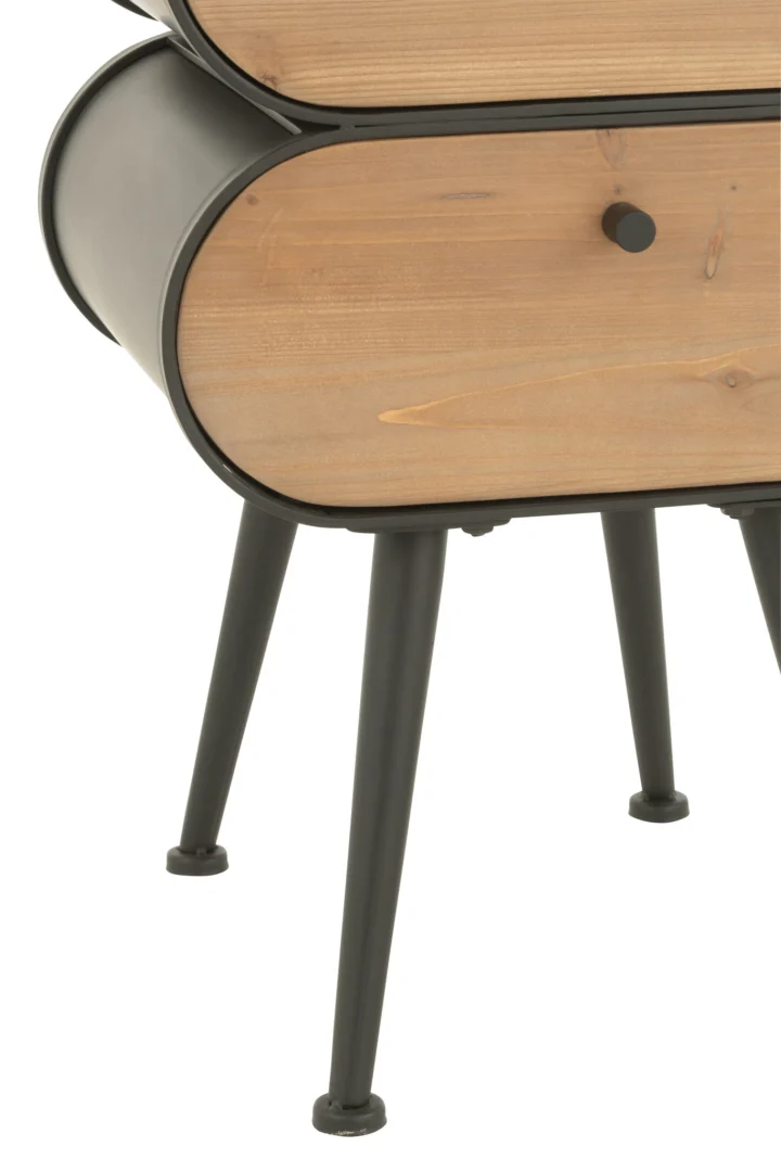 Close-up van de Bijzettafel Beige, Zwart (35 x 61 cm), met een romp van licht houtfineer, zwarte metalen poten, een afgeronde rechthoekige vorm en een kleine ronde zwarte knop op de lade.